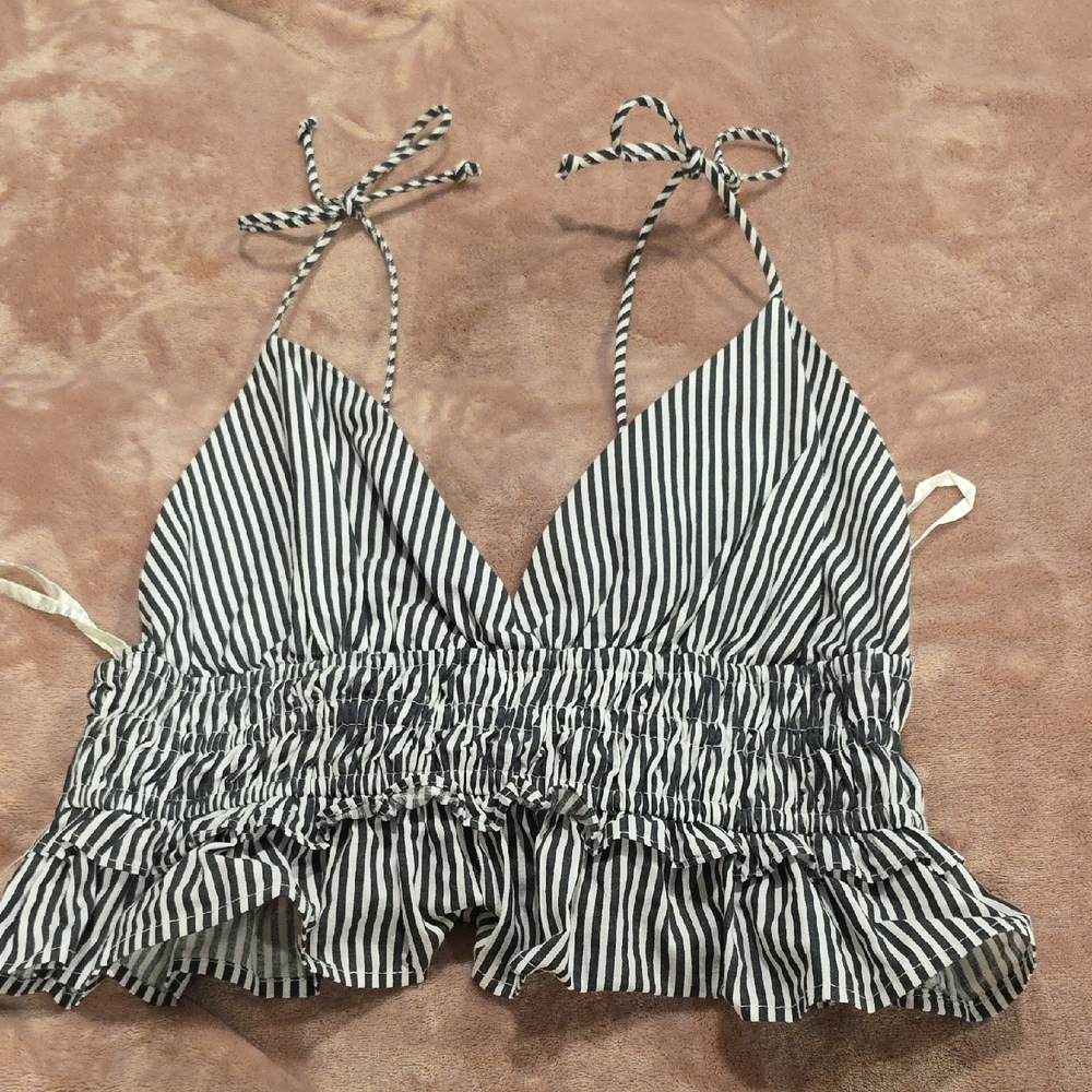 White and Black Smocked Ruffled Camisole